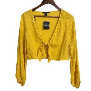 Forever 21 Women's NWT Mustard Peasant Sleeve Tie Front Y2K 90s Blouse Small